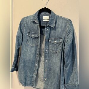 J.Crew jean shirt with cute buttons, slim fit.  Size OO.  100% cotton.